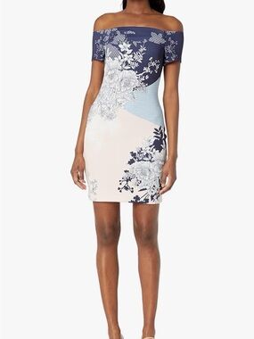 Guess‎ Off-the-Shoulder Floral Panel Mini Dress in Navy and Cream